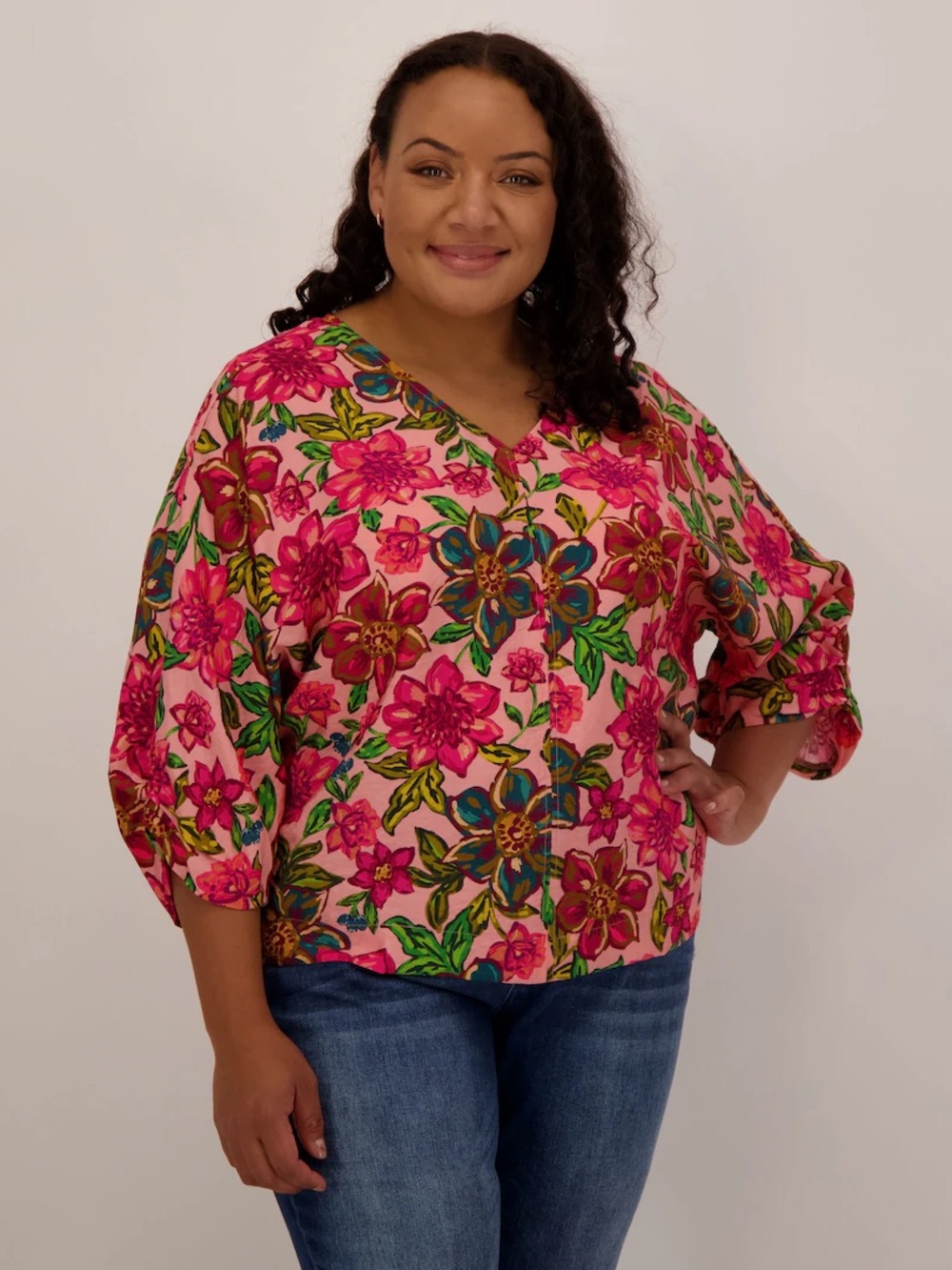 Democracy Pink Floral V-Neck Tunic Top